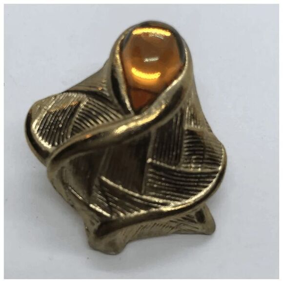 Unique Vintage Gold Tone Faux Amber Cabochon Chunky Statement Earrings - Picture 4 of 7